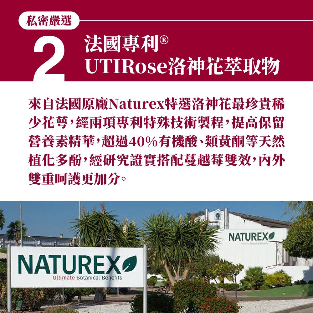 私密嚴選2法國專利 UTIRose洛神花萃取物來自法國原廠Naturex特選洛神花最珍貴稀少花萼,經兩項專利特殊技術製程,提高保留營養素精華,超過40%有機酸類黃酮等天然植化多酚,經研究證實搭配蔓越莓雙效,內外雙重呵護更加分。NATUREXUltimate Botanical BenefitsNATUREX