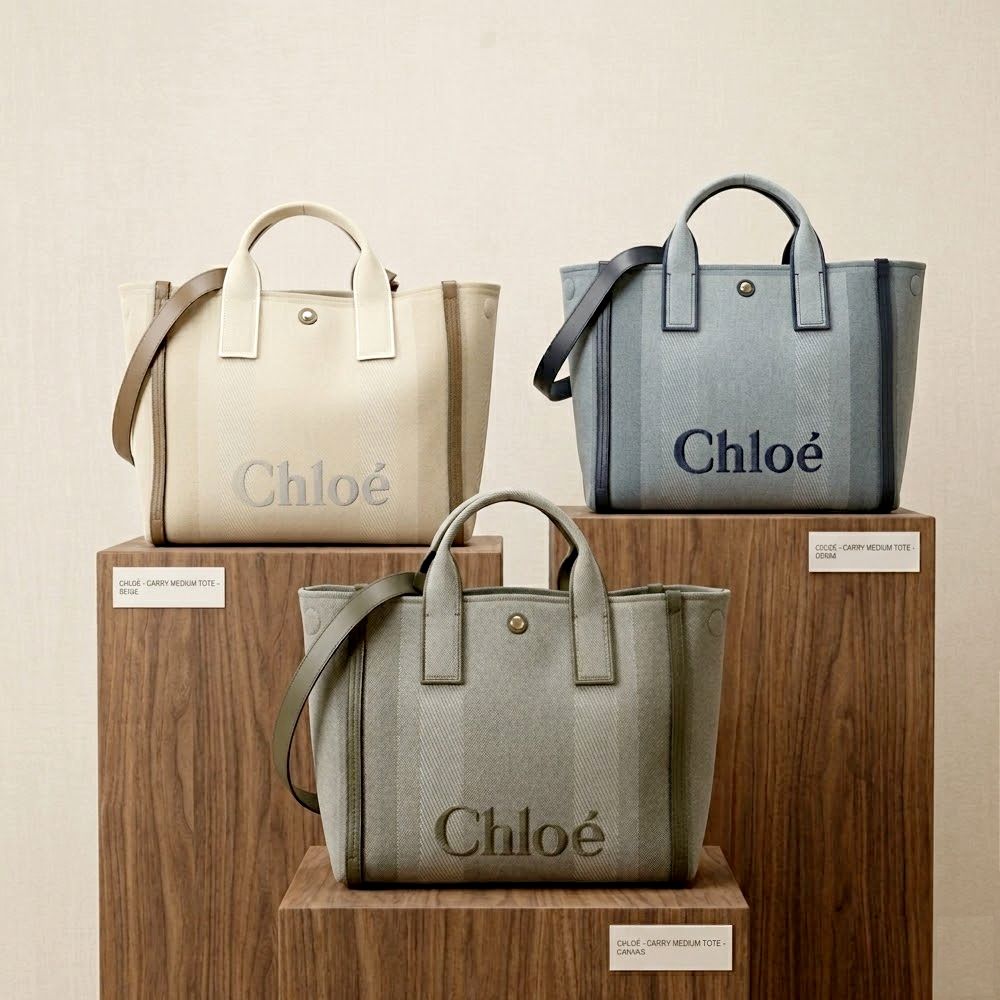 CHLOE 蔻依 Carry 中型 灰藍帆布手提/斜背托特包-3款可選