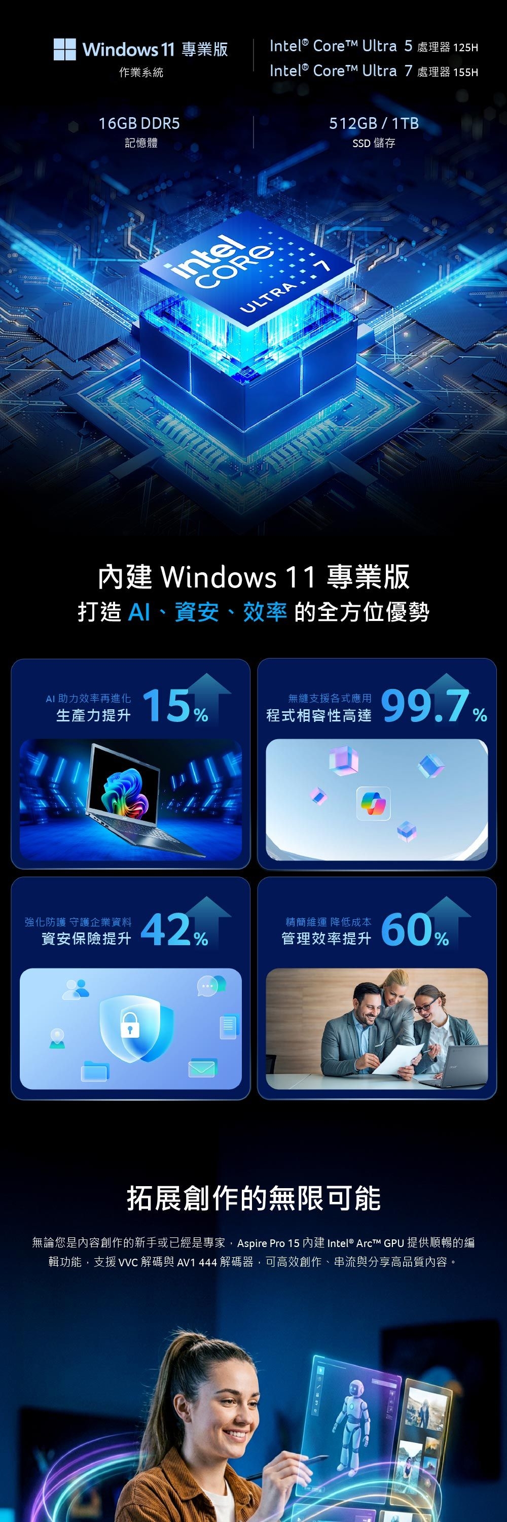 ACER 宏碁 Aspire Pro APRO15-74P-78W8 15.6吋文書特仕筆電(Ultra 7-155H/16G+16G/512G+1TB/W11P)
