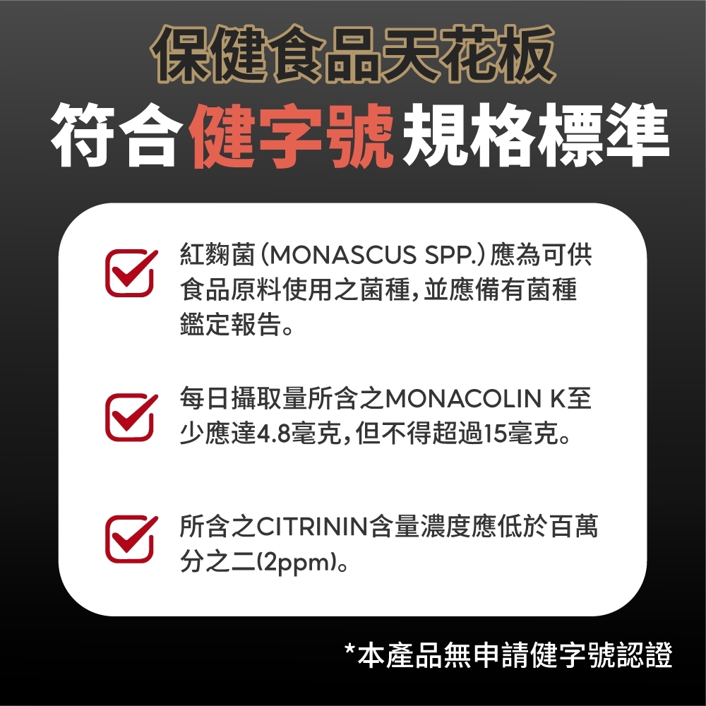 保健食品天花板符合健字號規格標準紅麴菌(MONASCUS SPP.)應為可供食品原料使用之菌種,並應備有菌種鑑定報告。每日攝取量所含之MONACOLIN K少應達4.8毫克,但不得超過15毫克。所含之CITRININ含量濃度應低於百萬分之二(2ppm)。*本產品無申請健字號認證