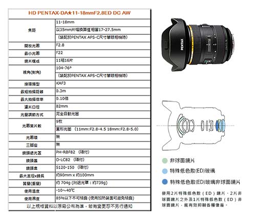 Pentax賓得士 HD DA*11-18mm F 2.8 ED DC AW - 詳情1