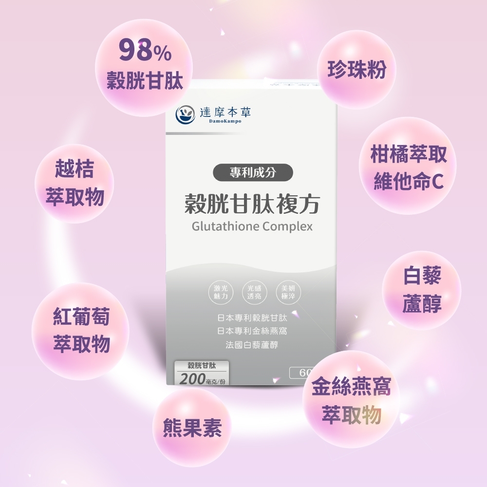 越桔萃取物98%穀胱甘肽達摩本草DamoKampo珍珠粉專利成分榖胱甘肽複方柑橘萃取維他命CGlutathione Complex激光 光感魅力美妍透亮極淬紅葡萄日本專利穀胱甘肽日本專利金絲燕窩法國白藜蘆醇萃取物榖胱甘肽200毫克 熊果素60金絲燕窩萃取物白藜蘆醇