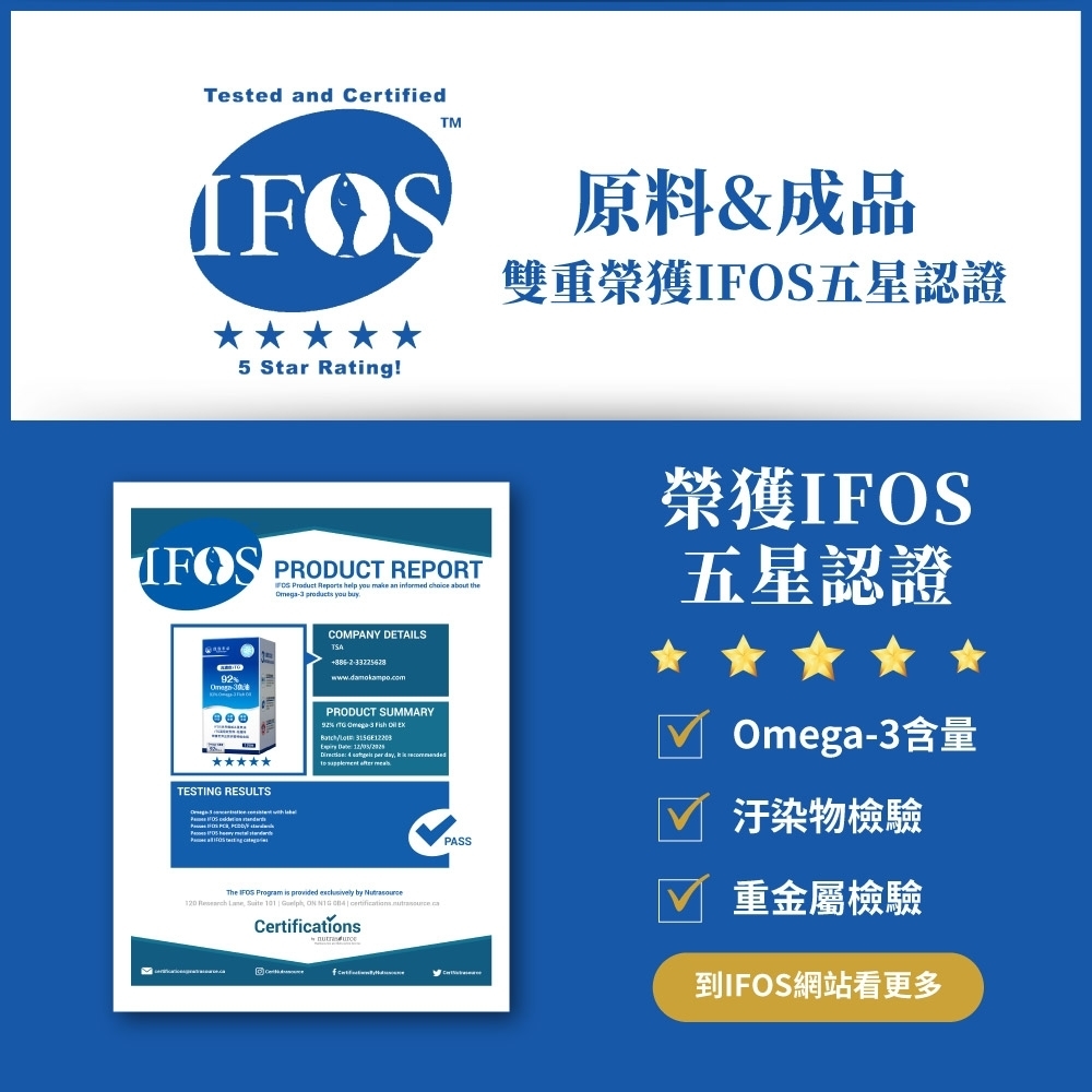 Tested and CertifiedT5 Star Rating!原料&成品雙重榮獲五星認證 PRODUCT REPORT92TESTING RESULTS Product  help you make an informed  about the-3  you COMPANY DETAILSTSAwww.damokampo.comPRODUCT SUMMARY92%  -3               The IFOS Program is provided exclusively by 120    101   ON     Certifications PASS榮獲IFOS五星認證 Omega-3含量 汙染物檢驗M 重金屬檢驗到IFOS網站看更多