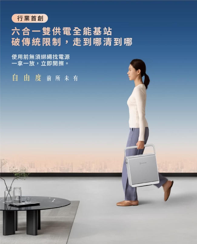 行業首創六合一雙供電全能基站破傳統限制,走到哪清到哪使用前無須綁繩找電源一拿一放,立即開擦。自由度前所未有