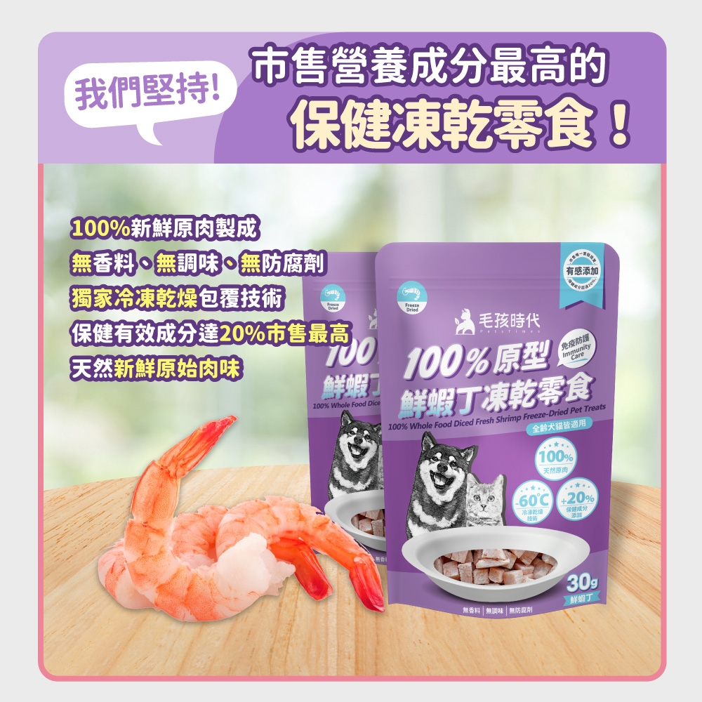 我們堅持!100%新鮮原肉製成市售營養成分最高的保健凍乾零食!無香料無調味、無防腐劑【獨家冷凍乾燥包覆技術有感添加Dried保健有效成分達20%市售最高天然新鮮原始肉味 100%原型鮮蝦「免疫防護ImmunityCare100% Whole Food Dice鮮蝦凍乾零食毛孩時代100% Whole Food Diced Fresh Shrimp Freeze-Dried Pet Treats 犬貓皆適用100%天然原肉C 20%冷凍乾燥保健成分技術添加30g無香料無調味無防腐劑鮮蝦丁