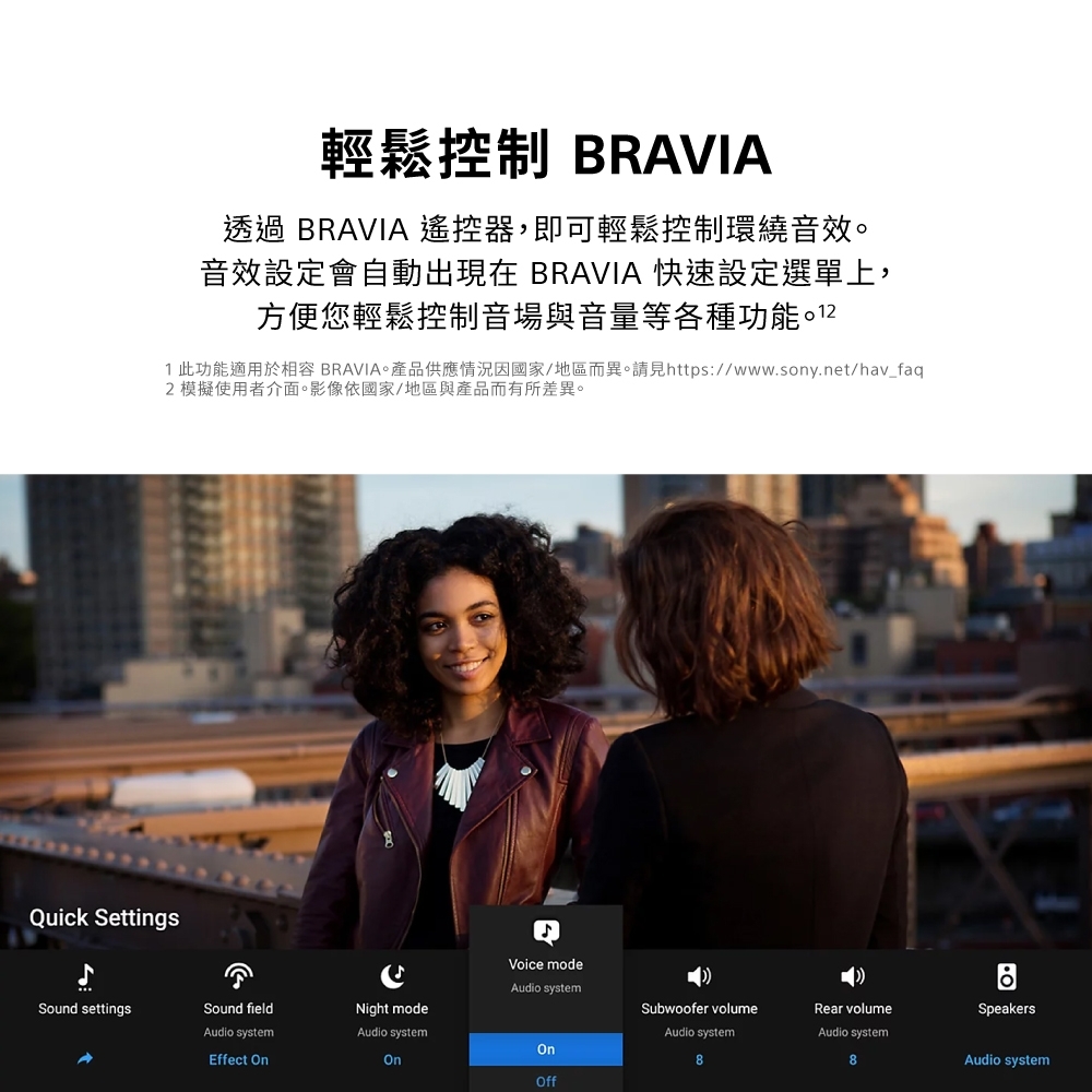 輕鬆控制 BRAVIA透過 BRAVIA 遙控器,即可輕鬆控制環繞音效音效設定會自動出現在 BRAVIA 快速設定選單上,方便您輕鬆控制音場與音量等各種功能1此功能適用於相容 BRAVIA。產品供應情況因國家/地區而異。請見https://www.sony.net/hav_faq2模擬使用者介面。影像依國家/地區與產品而有所差異。Quick SettingsVoice modeAudio systemSound settingsSound fieldAudio systemEffect Night modeAudio systemSubwoofer volumeRear volumeAudio systemAudio systemOnOn8Off8SpeakersAudio system