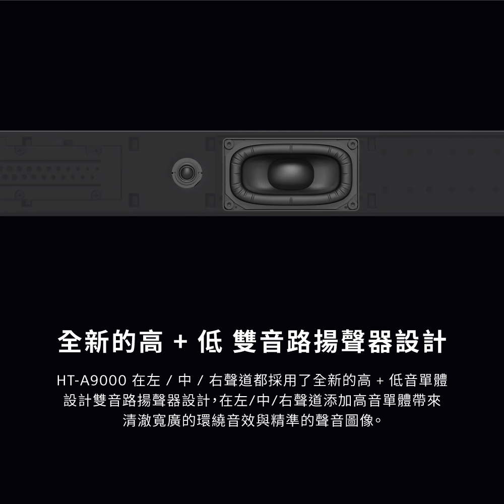 全新的高+低 雙音路揚聲器設計HT-A9000 在左/中/右聲道都採用了全新的高+低音單體設計雙音路揚聲器設計,在左/中/右聲道添加高音單體帶來清澈寬廣的環繞音效與精準的聲音圖像。