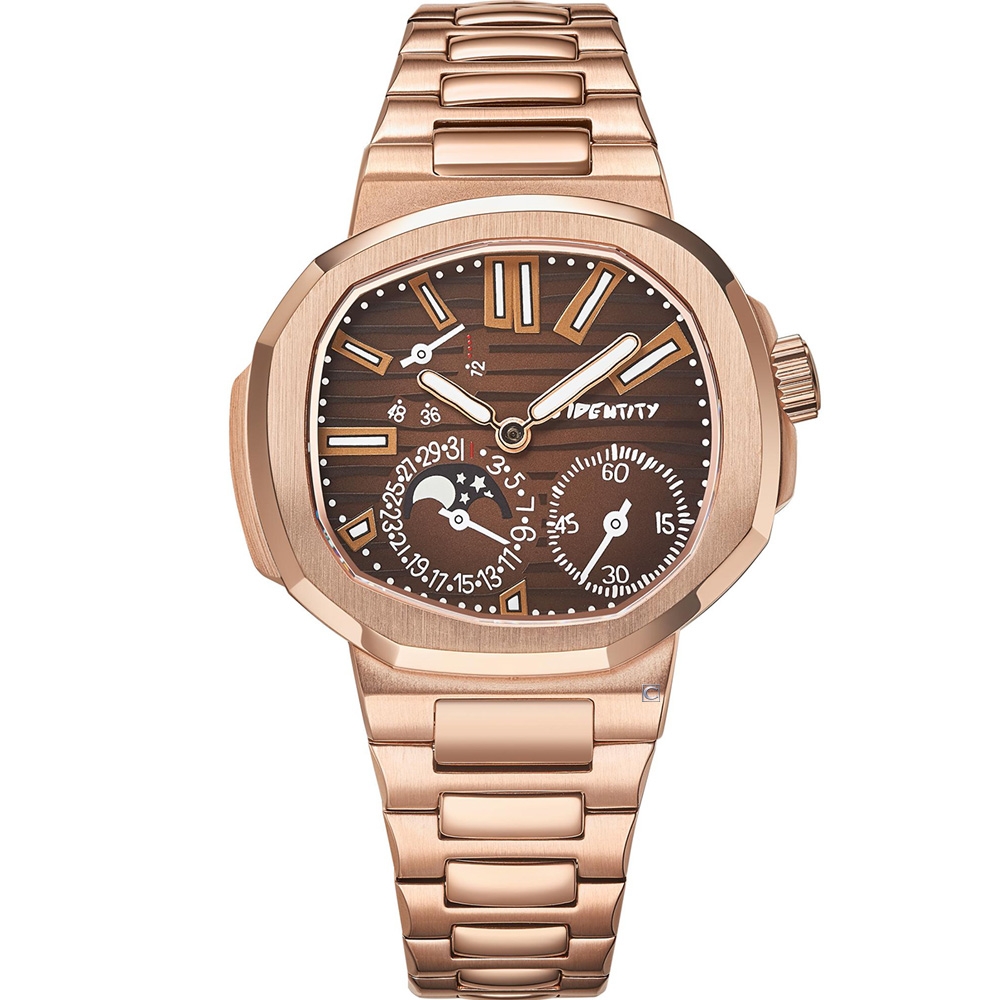 NO IDENTITY 鷹鵡螺-金焦糖三眼時尚錶機械錶男錶手錶-PP40SS013RG1