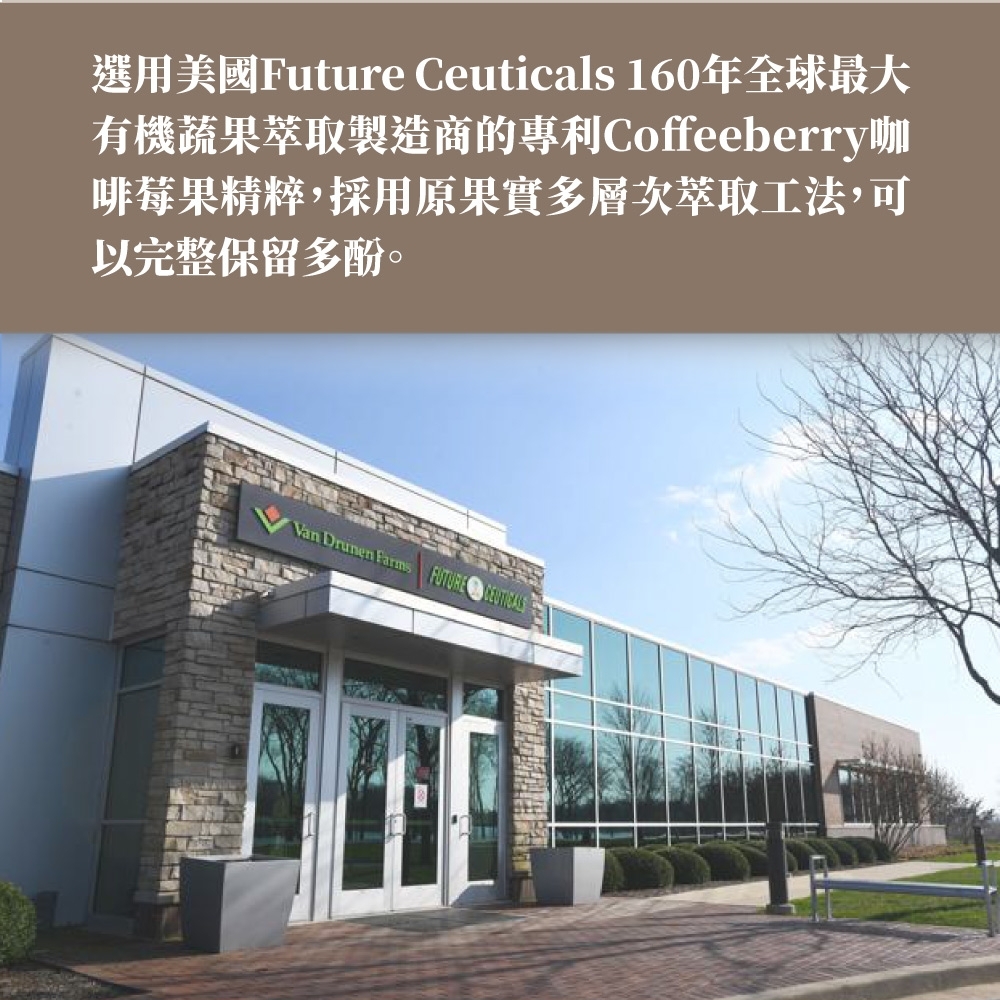 選用美國Future Ceuticals 160年全球最大有機蔬果萃取製造商的專利Coffeeberry咖啡莓果精粹,採用原果實多層次萃取工法,可以完整保留多酚。Van Drunen