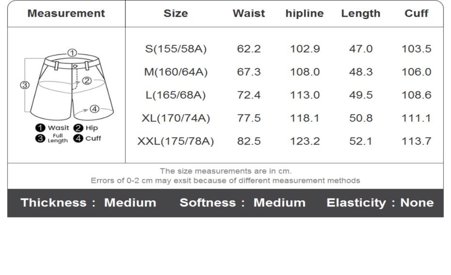 MeasurementSizeWaist hipline LengthS(55/58A)622102.97.0103.5M(160/64A)67.3108.048.3106.0L(165/68A)72.4113.049.5108.6XL(170/74A)77.5118.150.8111.11 WasitHipFull3Length 4 CuffXXL(175/78A)82.5123.252.1113.7The size measurements are in cm.Errors of 0-2 cm may exsit because of different measurement methodsThickness MediumSoftness MediumElasticity None