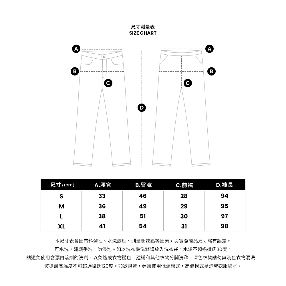 AB尺寸測量表IZE CHARTDAB尺寸(cm)A.腰寬B.臀寬C.前D.褲長S33462894M36492995L38513097XL41543198本尺寸表會因布料彈性、水洗處理、測量起訖點等因素,與實際商品尺寸略有誤差。可水洗,建議手洗,勿浸泡。如以洗衣機洗滌請放入洗衣袋,水溫不超過攝氏30度。請避免使用含漂白溶劑的洗劑,以免造成衣物褪色。建議和其他衣物分開洗滌,深色衣物請勿與淺色衣物混洗。熨燙最高溫度不可超過攝氏120度。如欲烘乾,建議使用低溫模式,高溫模式易造成衣服縮水。