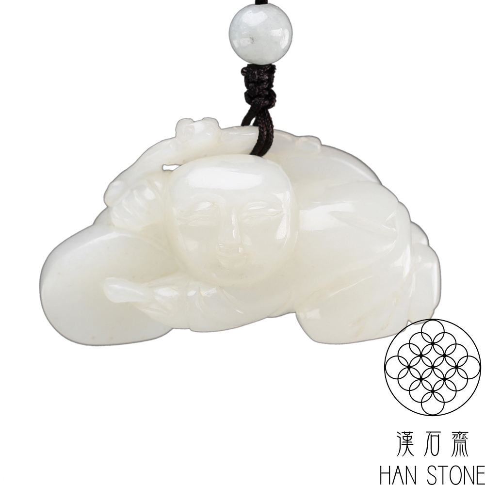 漢石齋】天然A貨和田羊脂白玉招財童子玉佩吊墜(49*23*20mm) | 漢