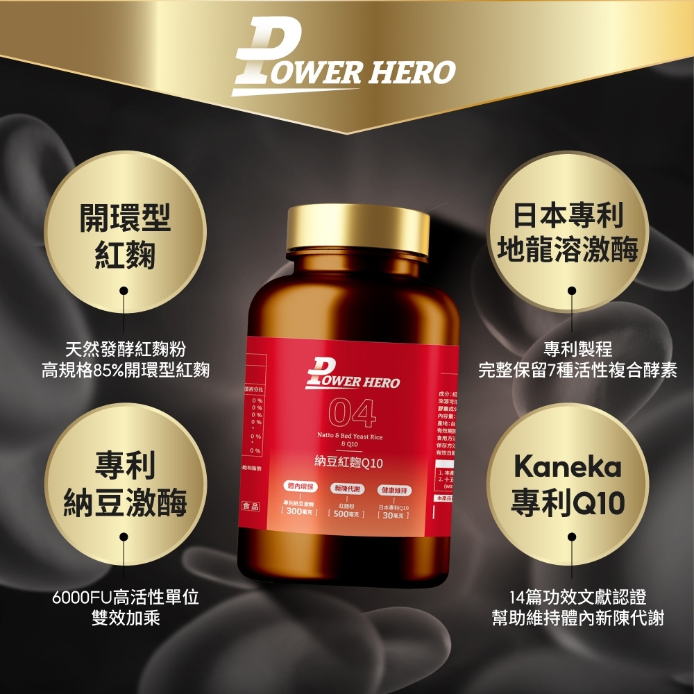 開環型紅麴 HERO日本專利地龍溶激酶天然發酵紅麴粉高規格85開環型紅麴 HERO百分比0%0%0%0%Natto  Red Yeast Rice0%專利本體內環保 新陳代謝健康 本產品激酶專利納豆日本專利Q10食品[300 [500毫克][30毫克]04納豆紅麴Q10分来源成內容量產地:有效期食用保存方法有效專利製程完整保留7種活性複合酵素Kaneka專利Q106000FU高活性單位雙效加乘14篇功效文獻認證幫助維持體內新陳代謝
