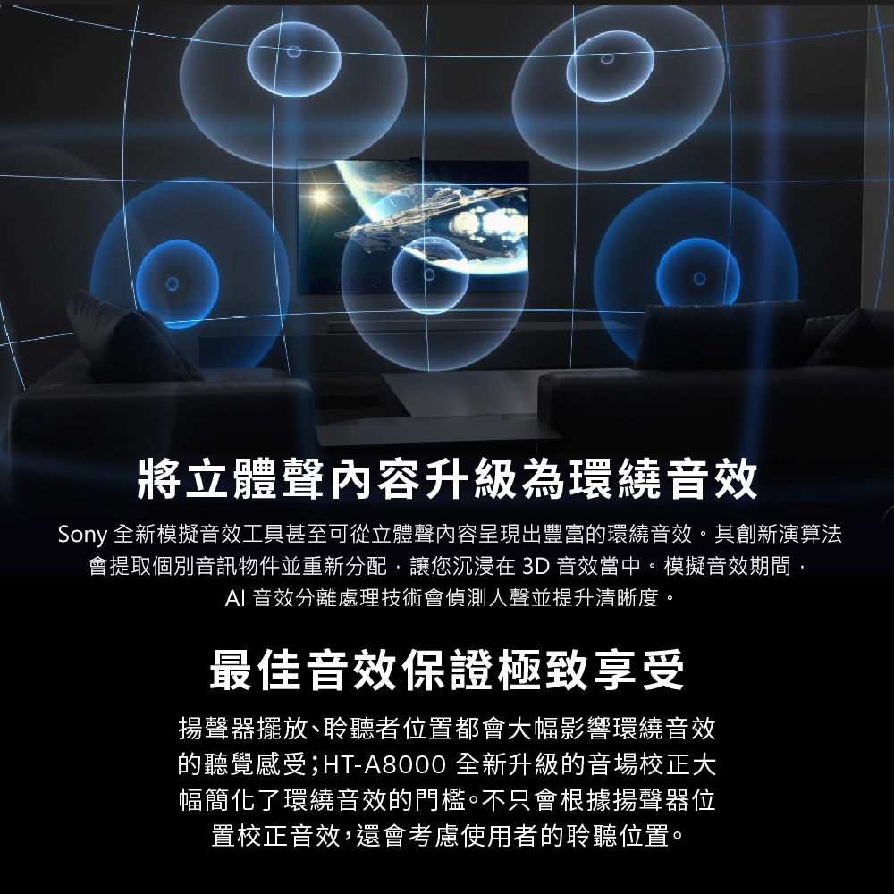 將立體聲內容升級為環繞音效Sony 全新模擬音效工具甚至可從立體聲內容呈現出豐富的環繞音效。其創新演算法會提取個別音訊物件並重新分配,讓您沉浸在 3D 音效當中。模擬音效期間, 音效分離處理技術會偵測聲並提升清晰度。最佳音效保證極致享受揚聲器擺放、聆聽者位置都會大幅影響環繞音效的聽覺感受;HT-A8000 全新升級的音場校正大幅簡化了環繞音效的門檻。不只會根據揚聲器位置校正音效,還會考慮使用者的聆聽位置。