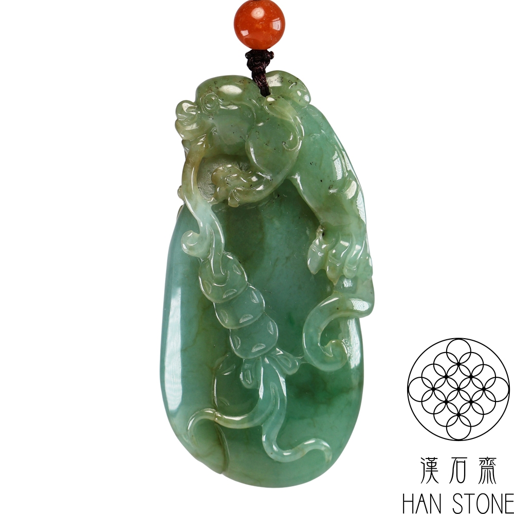 漢石齋】天然翡翠A貨如意瑞獸玉珮吊墜飄花種帶黃翡(33*66*13mm) | 漢石