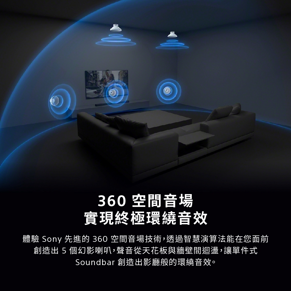 360空間音場實現終極環繞音效體驗 Sony 先進的 360 空間音場技術,透過智慧演算法能在您面前創造出5個幻影喇叭,聲音從天花板與牆壁間迴盪,讓單件式Soundbar 創造出影廳般的環繞音效。