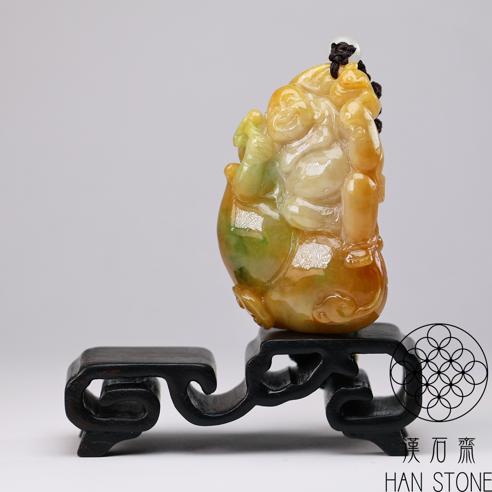 漢石齋】天然翡翠A貨彌勒佛玉佩吊墜黃翡種飄花(39*58*12mm) | 漢石齋
