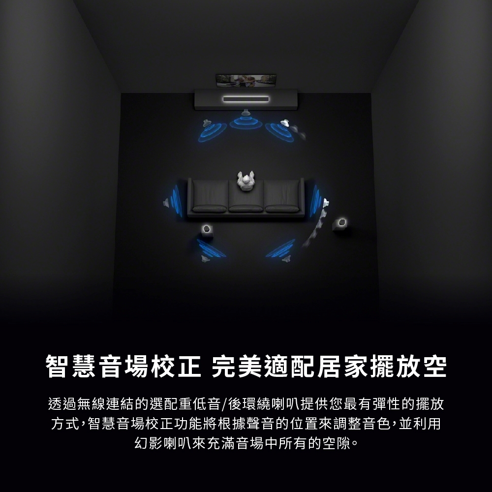智慧音場校正 完美適配居家擺放空透過無線連結的選配重低音/後環繞喇叭提供您最有彈性的擺放方式,智慧音場校正功能將根據聲音的位置來調整音色,並利用幻影喇叭來充滿音場中所有的空隙。