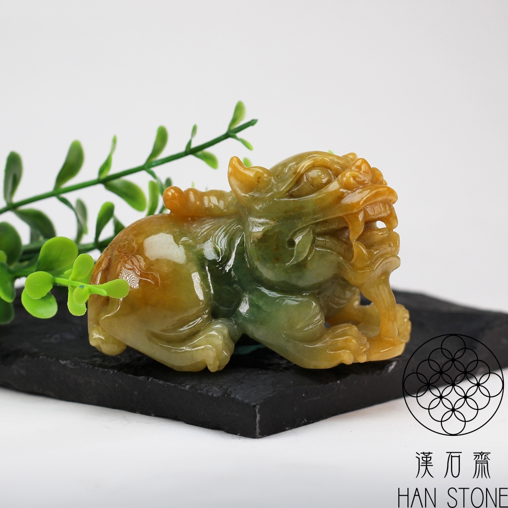 漢石齋】天然翡翠A貨黃金貔貅手把件小擺件飄花種帶黃翡(33*67*14mm