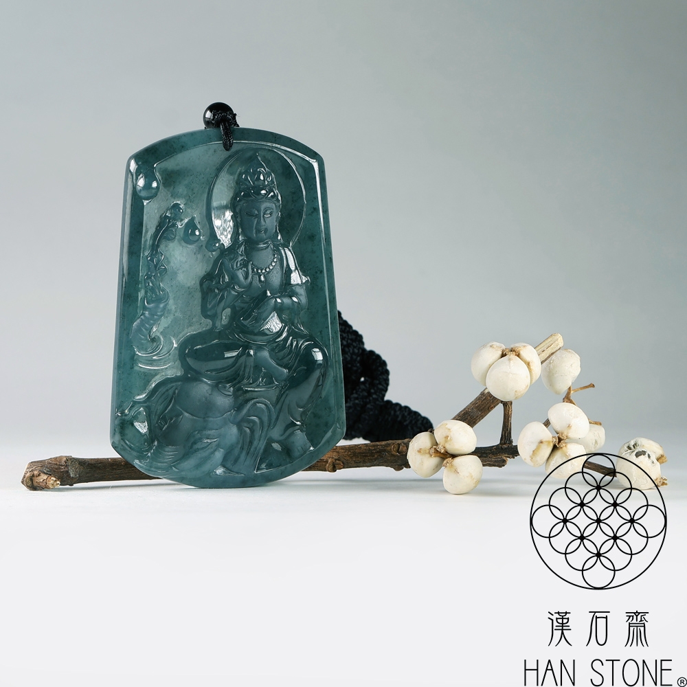 漢石齋】天然翡翠A貨普賢菩薩玉佩吊墜冰種深藍水(47*70*8mm) | 漢石齋