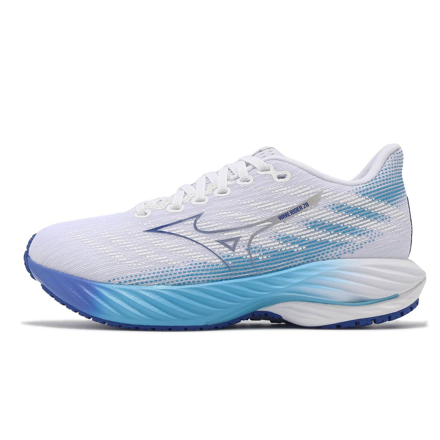 美 Mizuno 慢跑鞋Wave Rider 28 女鞋超寬楦灰藍波浪片回彈緩衝運動鞋