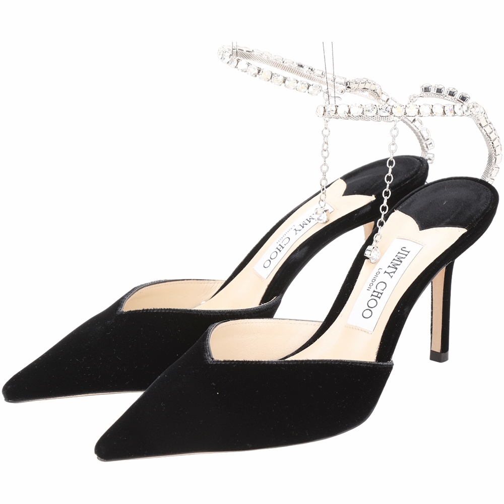 JIMMY CHOO Saeda 85 水晶鏈飾絲絨尖頭高跟鞋(黑色) | 精品服飾