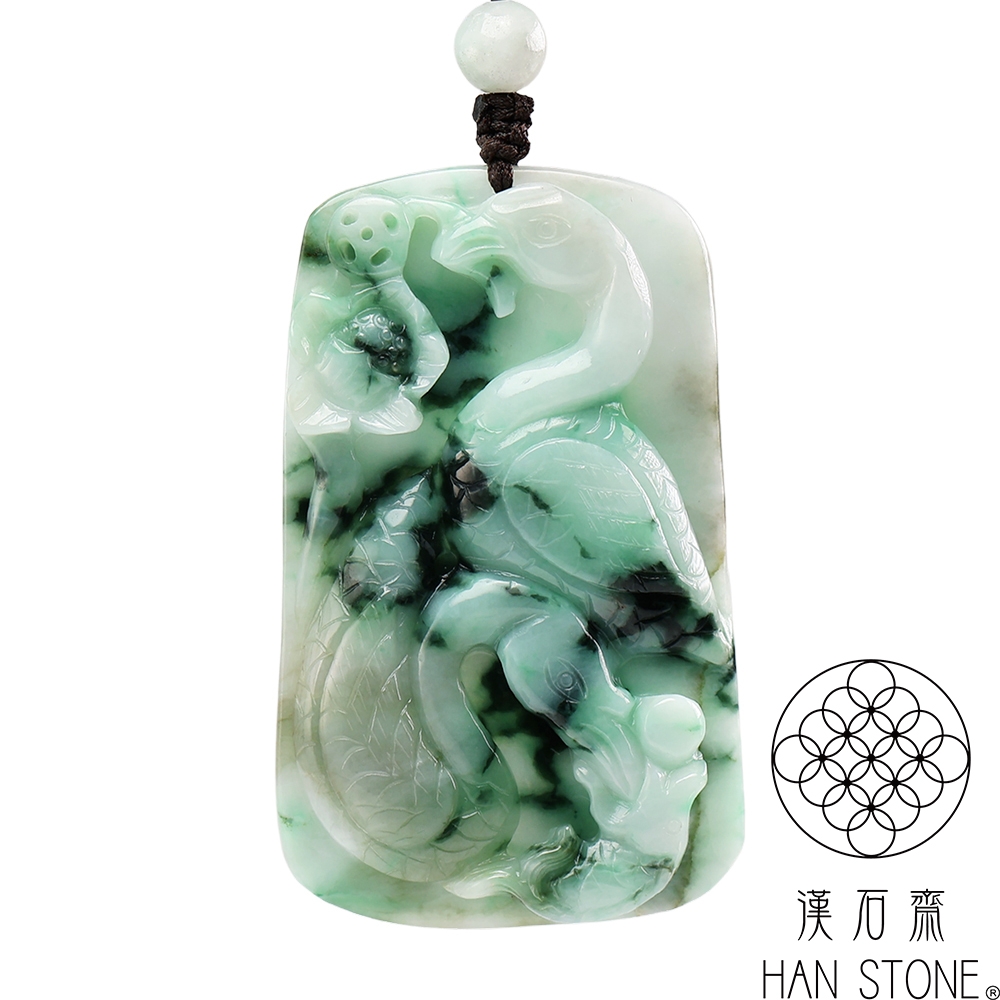 漢石齋】天然翡翠A貨仙鶴清蓮玉佩吊墜飄花種(37*61*7mm) | 漢石齋