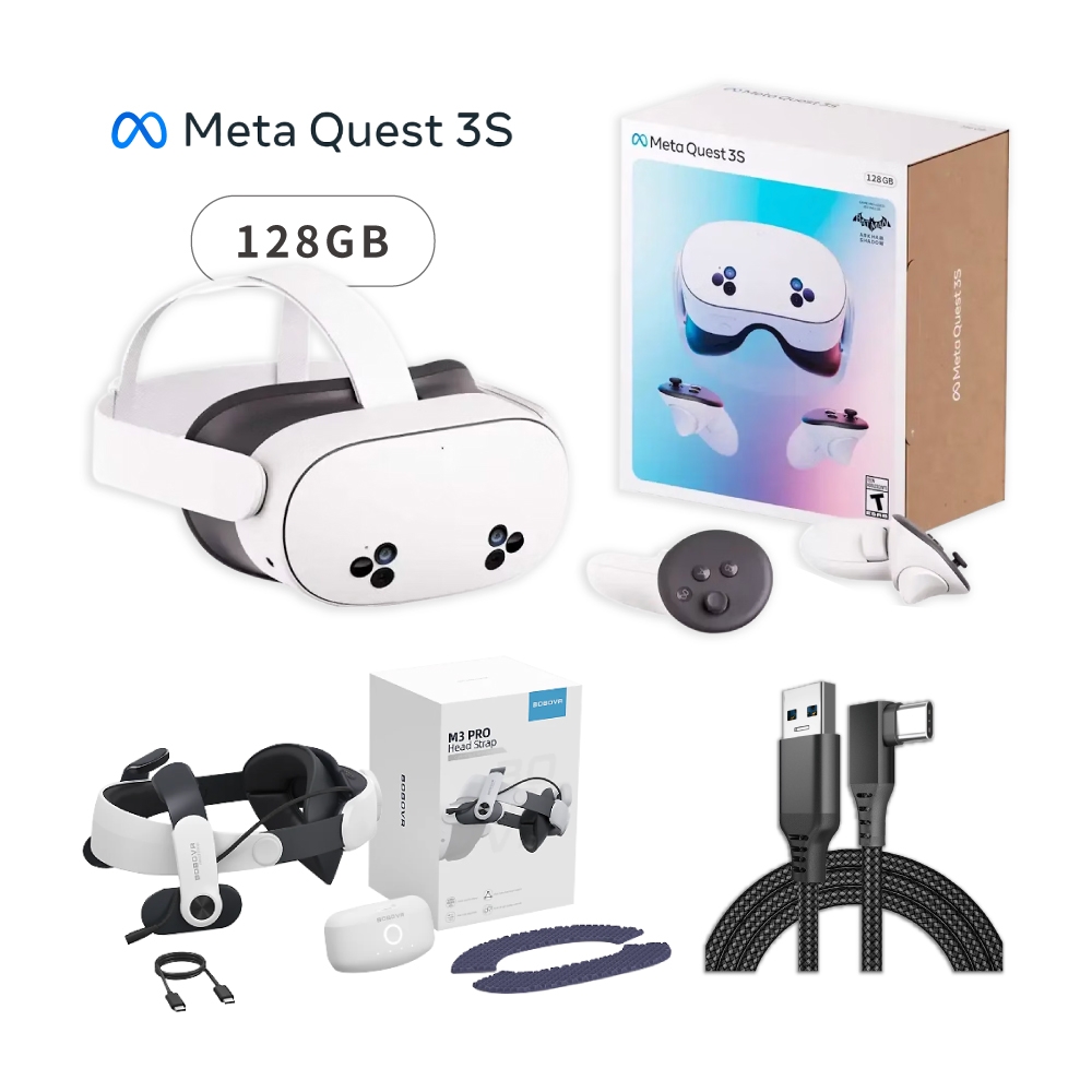 META Quest 3S 128G VR主機+M3 Pro電池頭戴+傳輸線| 3D AR/VR穿戴裝置