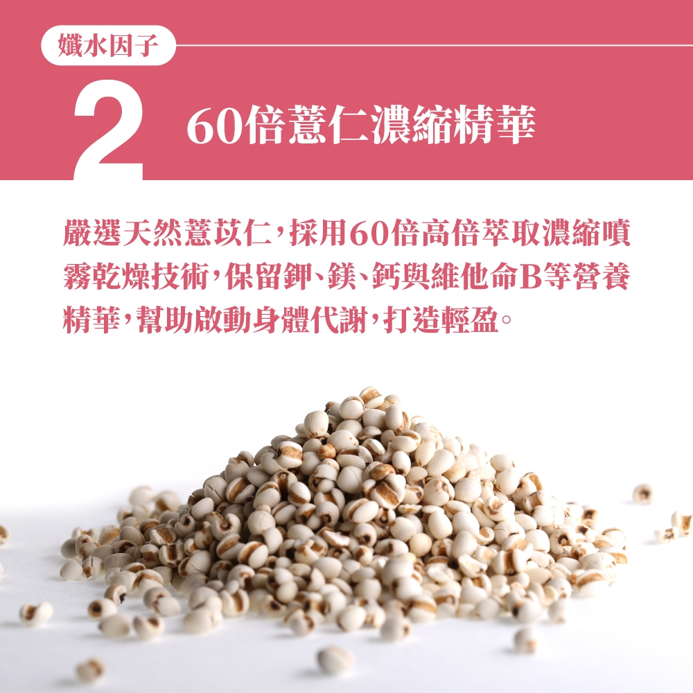 水因子260倍薏仁濃縮精華嚴選天然薏苡仁,採用60倍高倍萃取濃縮噴霧乾燥技術,保留鉀、鎂、鈣與維他命B等營養精華,幫助啟動身體代謝,打造輕盈。