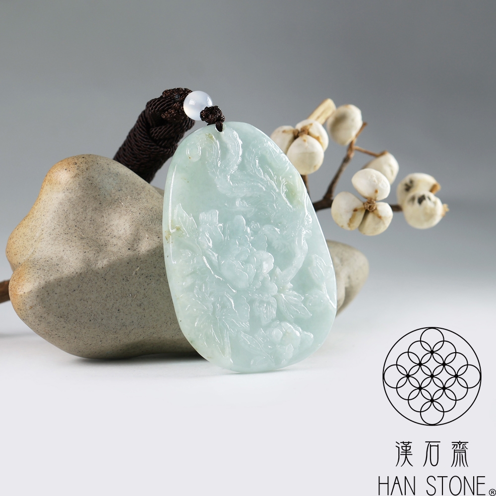 漢石齋】天然翡翠A貨鳳凰牡丹玉佩吊墜飄花種帶黃翡(40*54*6mm) | 漢石