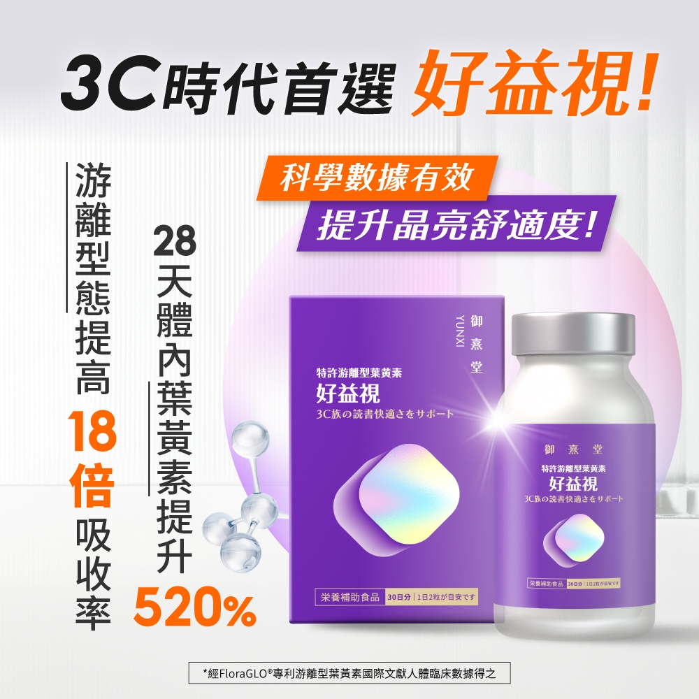 3C時代首選 好益視!科學數據有效晶亮舒適度!   提升YUNXI  特許游離型葉黃素好益視3C族の書御熹堂特許游離型葉黃素好益視3C族の書 補助食品 1日2520%栄養補助食品 30日分|1日2粒*經FloraGLO®專利游離型葉黃素國際文獻人體臨床數據得之