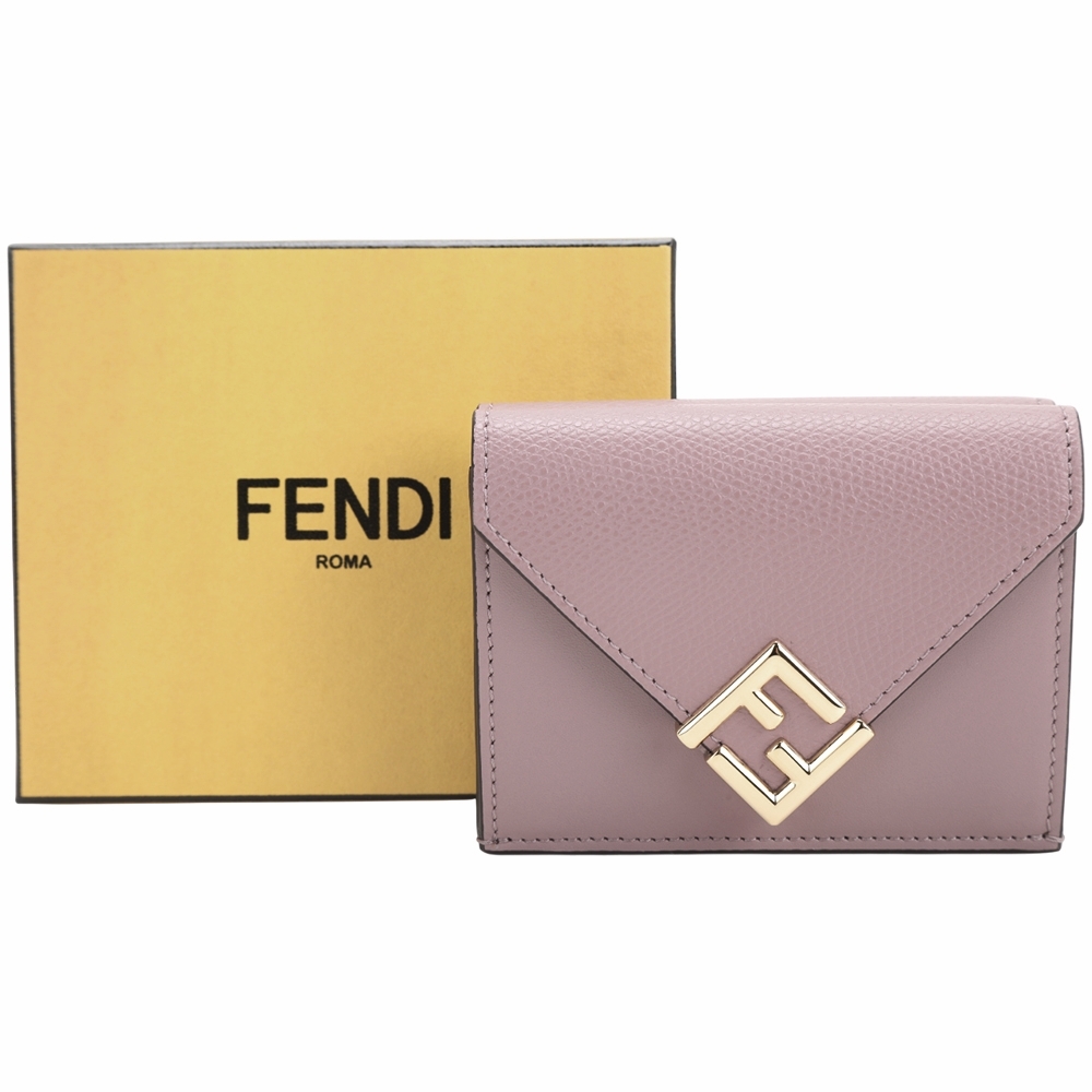 FENDI 芬迪FF Diamonds 壓紋小牛皮金釦三折短夾(粉紫) | 歐系