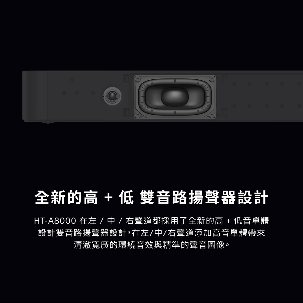 全新的高+低雙音路揚聲器設計HT-A8000 在左 / 中 / 右聲道都採用了全新的高+低音單體設計雙音路揚聲器設計,在左/中/右聲道添加高音單體帶來清澈寬廣的環繞音效與精準的聲音圖像。