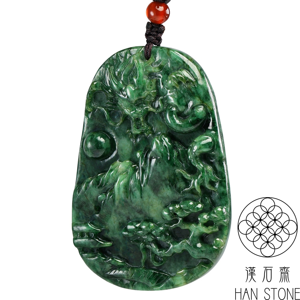 漢石齋】天然翡翠A貨護主龍牌玉佩吊墜花青種(43*63*8mm) | 漢石齋