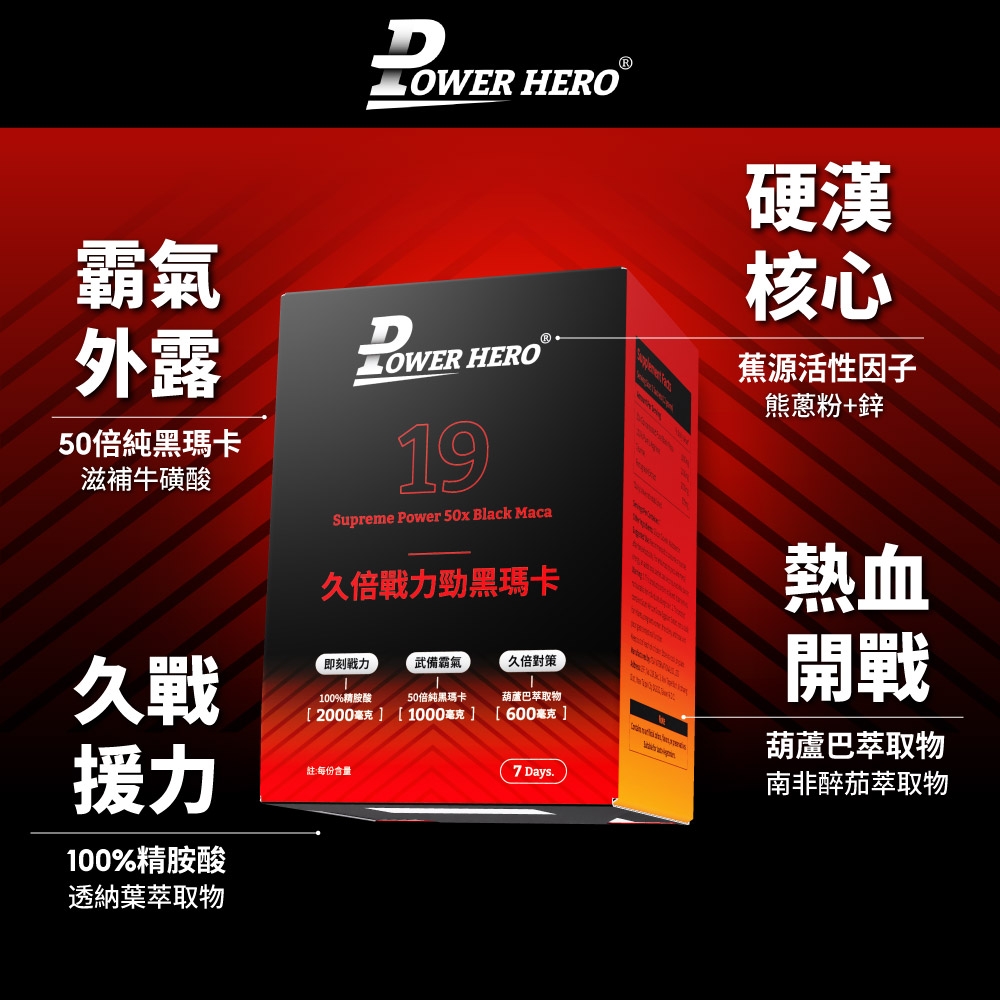 D HRO DLOWER HERO硬漢核心蕉源活性因子熊蔥粉+鋅霸氣外露50倍純黑瑪卡滋補牛磺酸19upreme Power 50x Blck Maca久倍力勁黑瑪卡久戰援力100%精胺酸透納葉萃取物即刻戰力武備霸氣久倍對策E100%精胺酸50倍純黑瑪卡葫蘆巴萃取物[2000毫克註:每份含量[1000毫克]600毫克]7 Daysa.S熱血開戰葫蘆巴萃取物南非醉茄萃取物