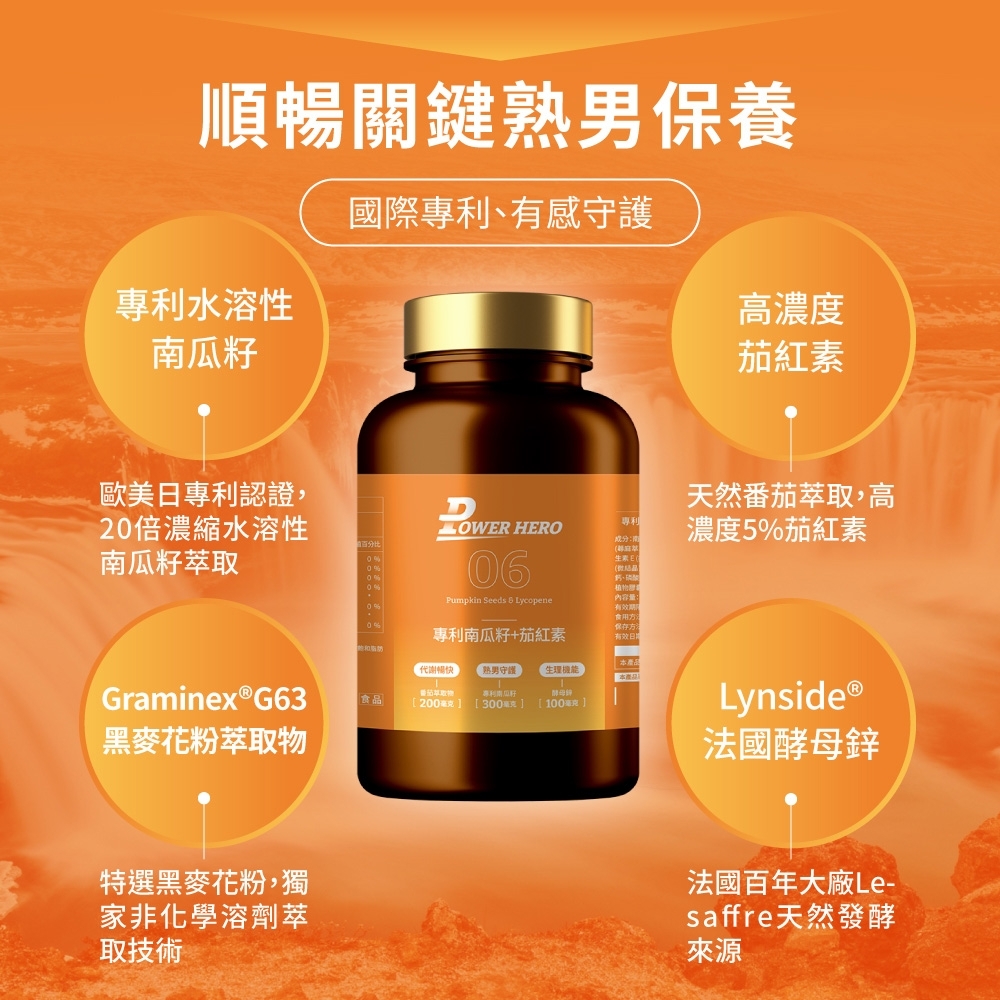 順暢關鍵保養國際專利、有感守護專利水溶性瓜籽高濃度茄紅素歐美日專利認證,2倍濃縮水溶性南瓜籽天然萃取,高LOWR HERO專利成分南濃度5茄紅素百分比6Graminex®G63黑麥花粉萃取00Pumpkin Seeds  Lycopene0%0%專利南瓜籽+茄紅素有效日 本產品 暢快 熟男守護 機能本產品番茄萃取物酵母食品[200毫[300克[100毫克]生素E(鈣、內容量:有效期限食用方法保存方LynsideⓇ法國酵母鋅特選黑麥花粉,獨家非化學溶劑萃取技術法國百年大廠Le-saffre天然發酵來源