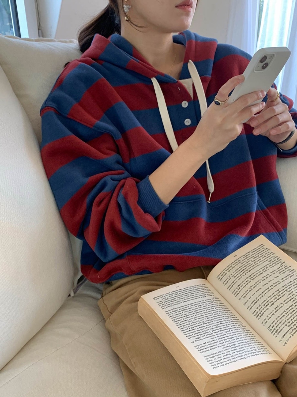 MOCO韓版chic雙色橫條連帽抽繩半開釦衛衣帽T | 大學T | Yahoo購物中心