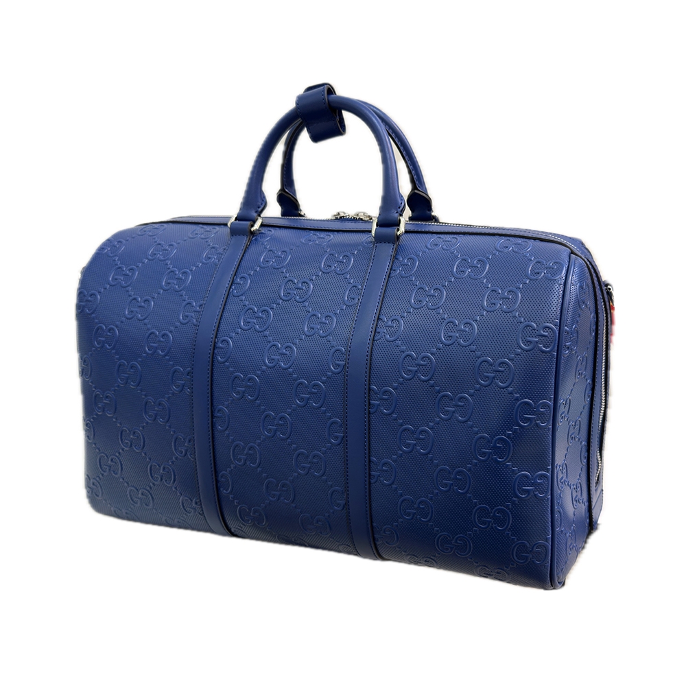 GUCCI 古馳】725282 經典壓印LOGO牛皮波士頓手提包/斜背旅行袋(藍色