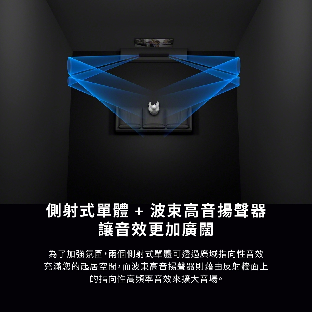 側射式單體+高音揚聲器讓音效更加廣闊為了加強氛圍,兩個側射式單體可透過廣域指向性音效充滿您的起居空間,而波束高音揚聲器則藉由反射牆面上的指向性高頻率音效來擴大音場。