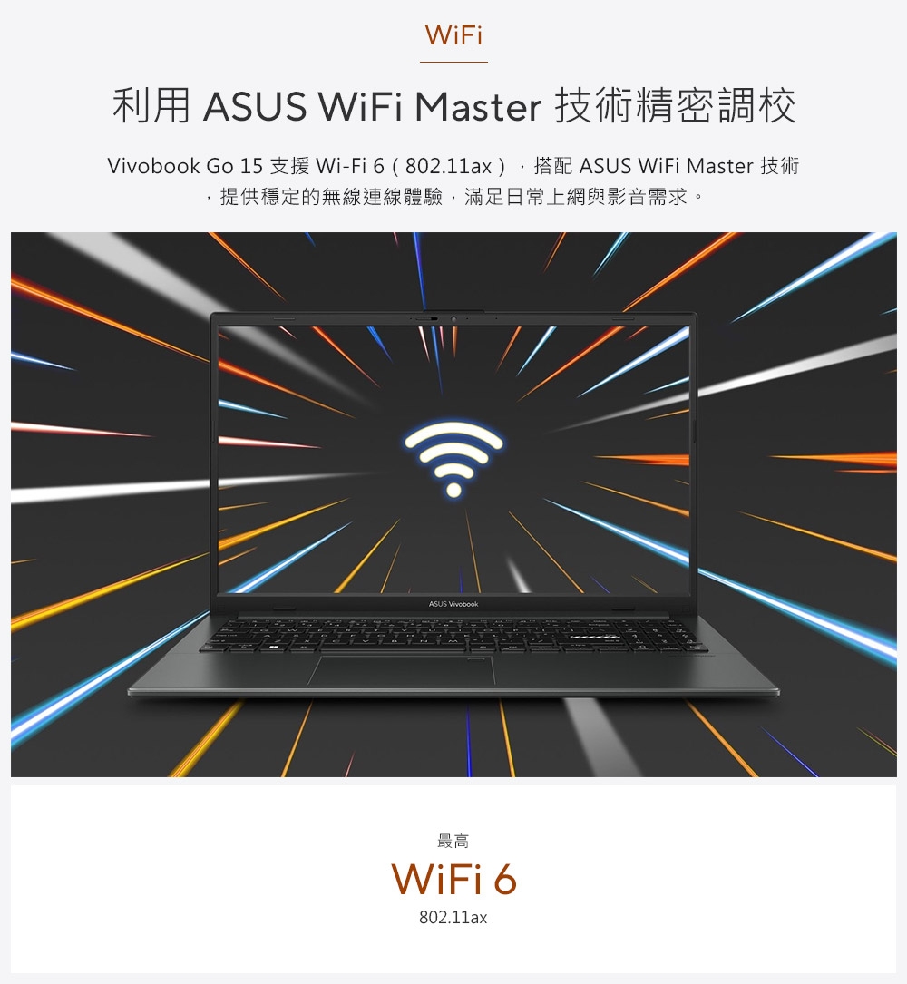 WiFi利用 ASUS WiFi Master 技術精密調校 Go 15 支援Wi-Fi6(802.11ax)搭配 ASUS WiFi Master 技術提供穩定的無線連線體驗滿足日常上網與影音需求。ASUS Vivobook最高WiFi 6802.11ax