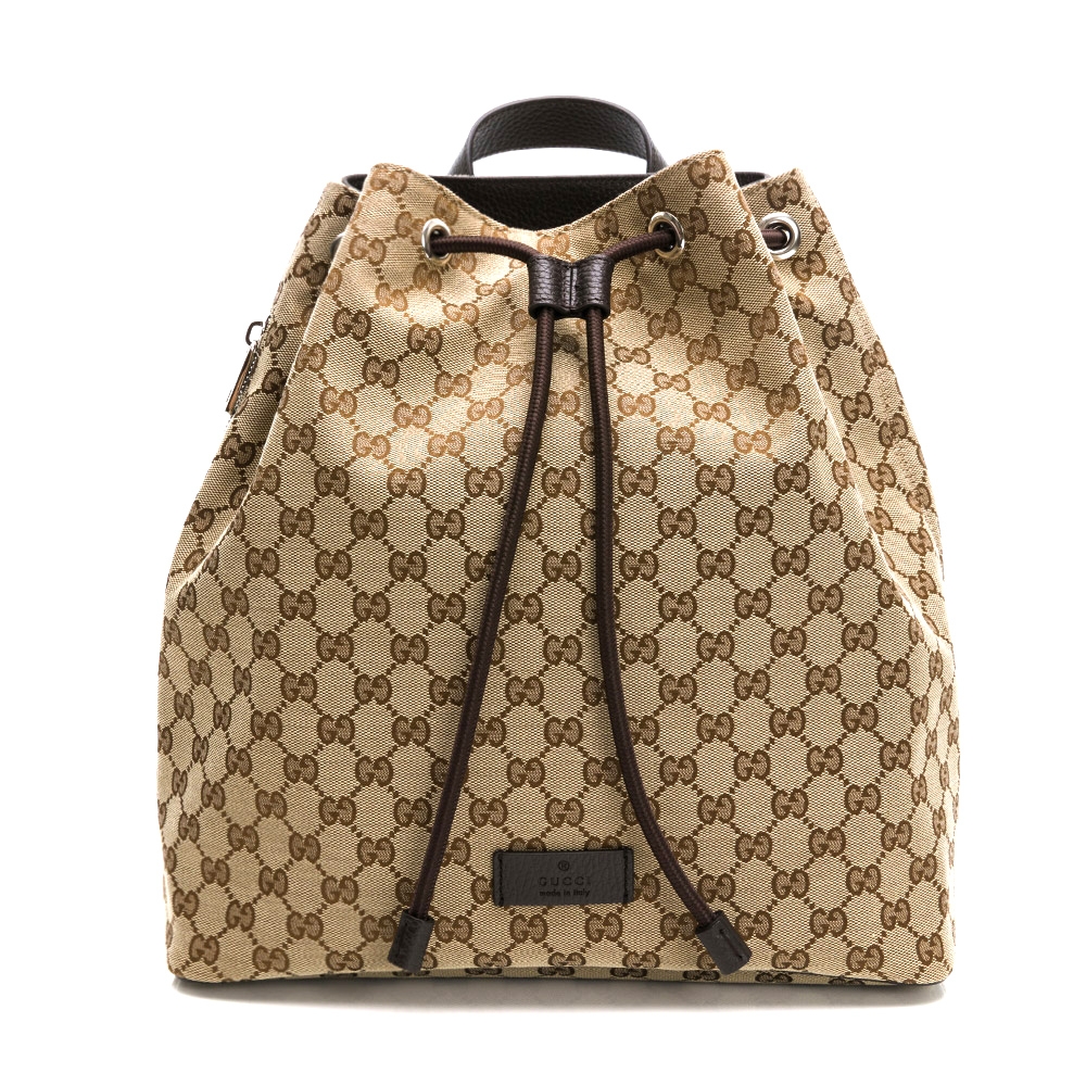 GUCCI 古馳】449175 經典雙G LOGO牛皮飾邊束口後背包(棕色) | 後
