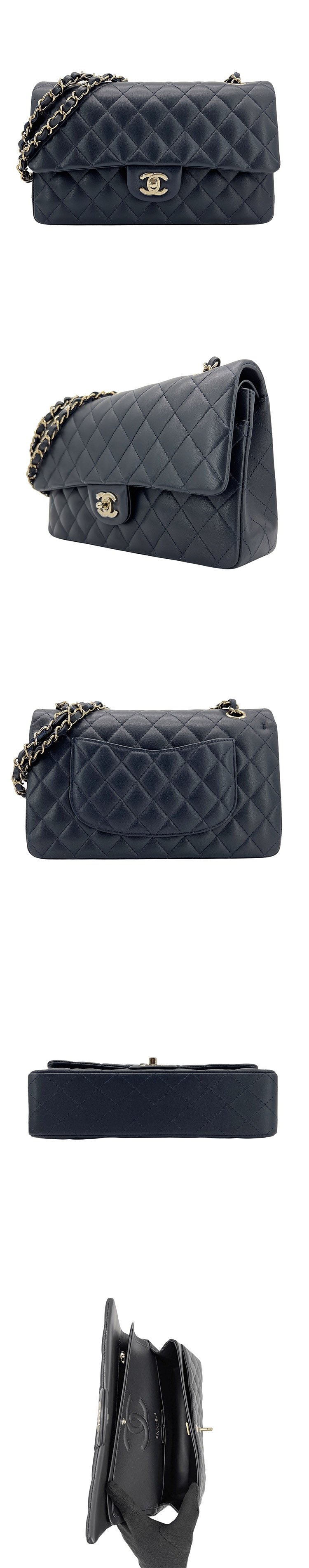 Chanel 經典雙C菱格羊皮銀鍊翻蓋coco斜背包-25cm(A01112-深藍