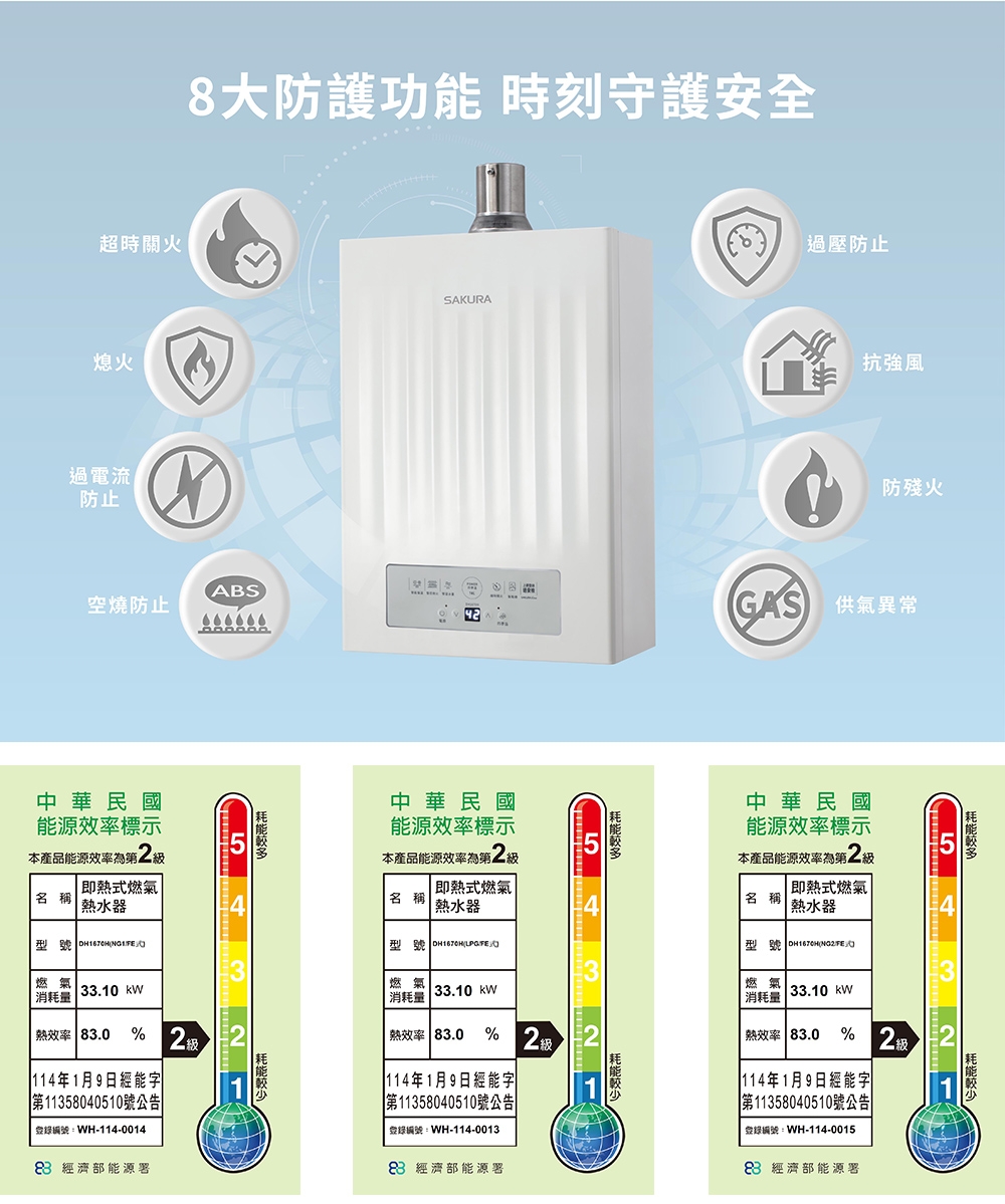 櫻花牌DH1670H（LPG／FE式）｜16L 強制排氣熱水器｜POWER四季溫｜智慧