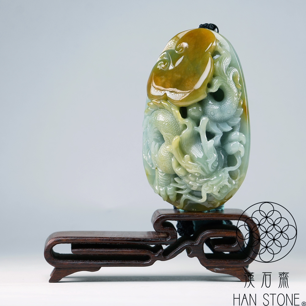 漢石齋】天然翡翠A貨護主龍牌玉佩吊墜飄花種帶黃翡(44*70*20mm) | 漢石