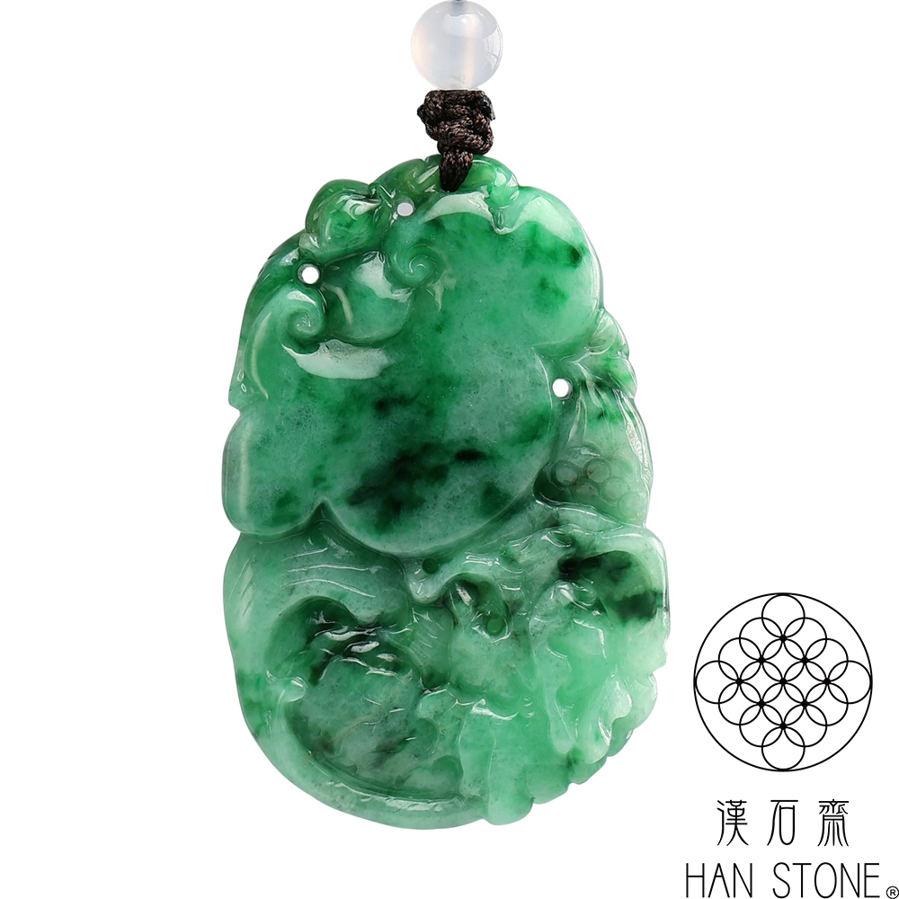 漢石齋】天然翡翠A貨如意魚龍玉佩吊墜飄花種帶辣綠(30*46*6mm) | 漢石