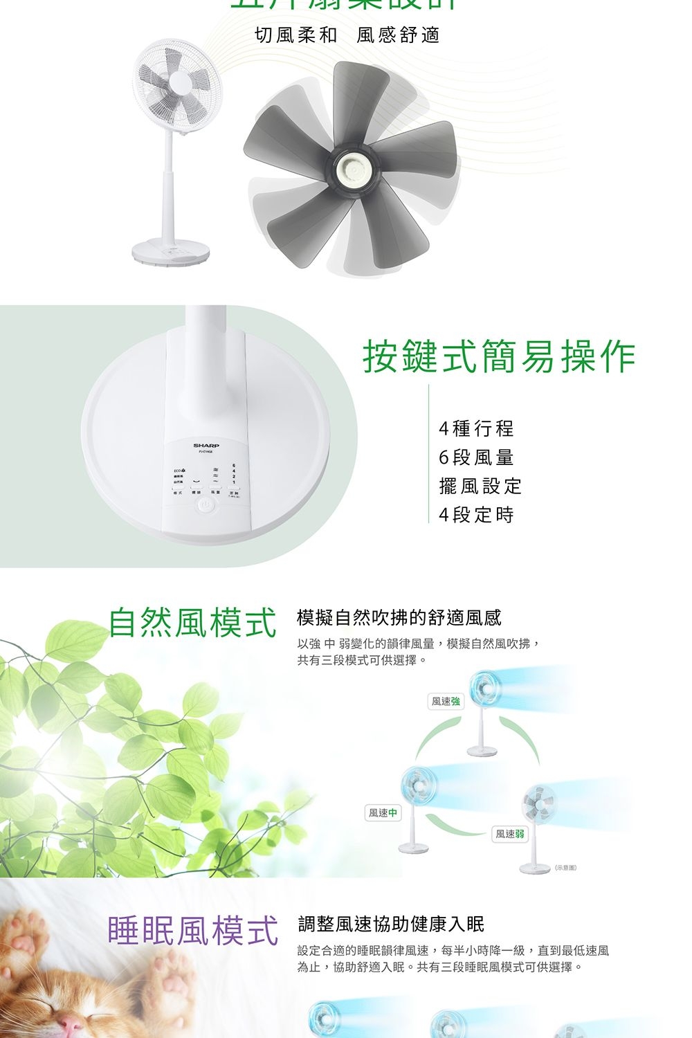SHARP切風柔和風感舒適按鍵式簡易操作4種行程6段風量擺風設定4段定時自然風模式 模擬自然吹拂的舒適風感 中 弱變化的韻律風量,模擬自然風吹拂,共有三段模式可供選擇。風速風速中風速弱睡眠風模式 調整風速協助健康入眠設定合適的睡眠韻律風速,每半小時降一級,直到最低速風為止,協助舒適入眠。共有三段睡眠風模式可供選擇。