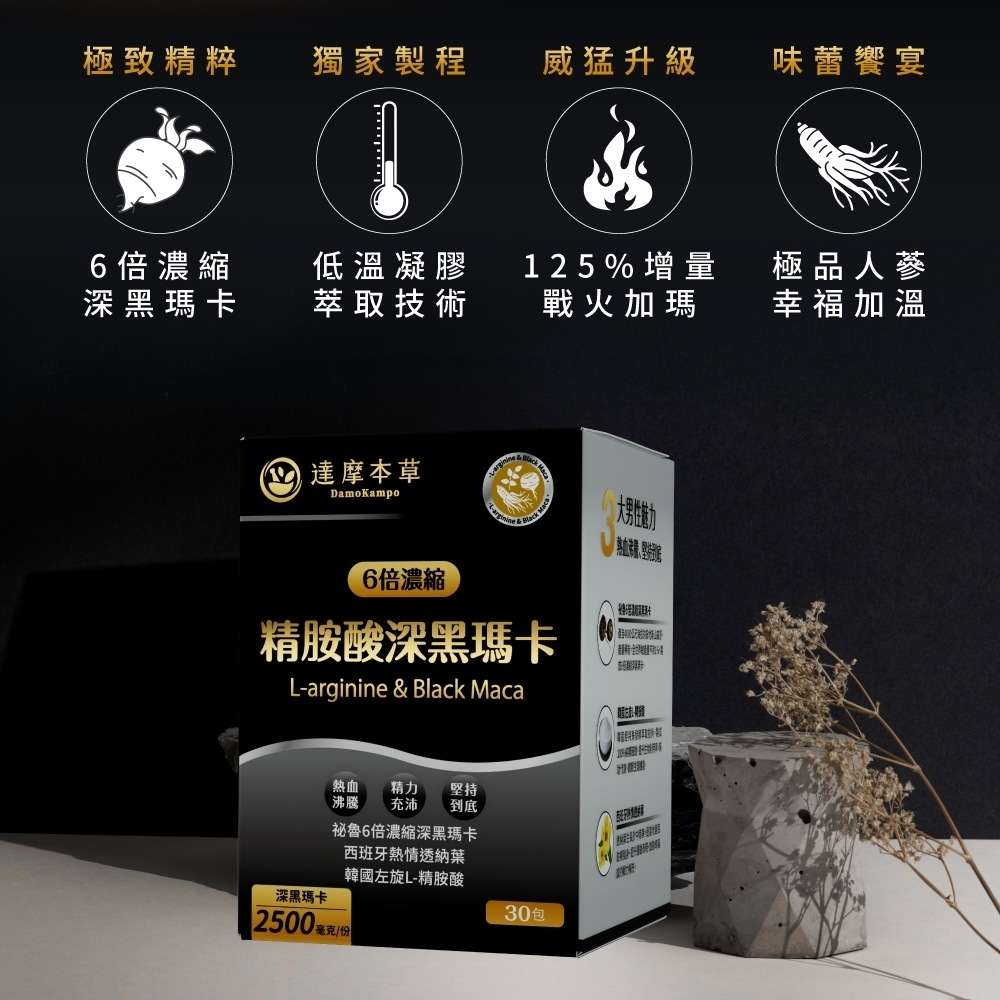 極致精粹獨家製程威猛升級味蕾饗宴ייןיייין6倍濃縮深黑瑪卡低溫凝膠萃取技術125%增量極品人蔘戰火加瑪幸福加溫達摩本草DamoKampo 6倍濃縮精胺酸深黑瑪卡L-arginine & Black Maca大熱血 精力 堅持沸騰 充沛 到底祕魯6倍濃縮深黑瑪卡西班牙熱情透納葉韓國左旋L-精胺酸深黑瑪卡2500 毫克30包