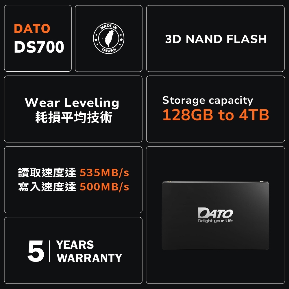 DATO 達多DS700 1TB 2.5吋SATAIII SSD 固態硬碟(最高達讀：535MB/s 寫