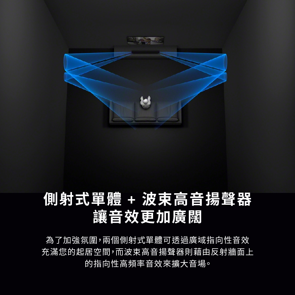 側射式單體+高音揚聲器讓音效更加廣闊為了加強氛圍,兩個側射式單體可透過廣域指向性音效充滿您的起居空間,而波束高音揚聲器則藉由反射牆面上的指向性高頻率音效來擴大音場。