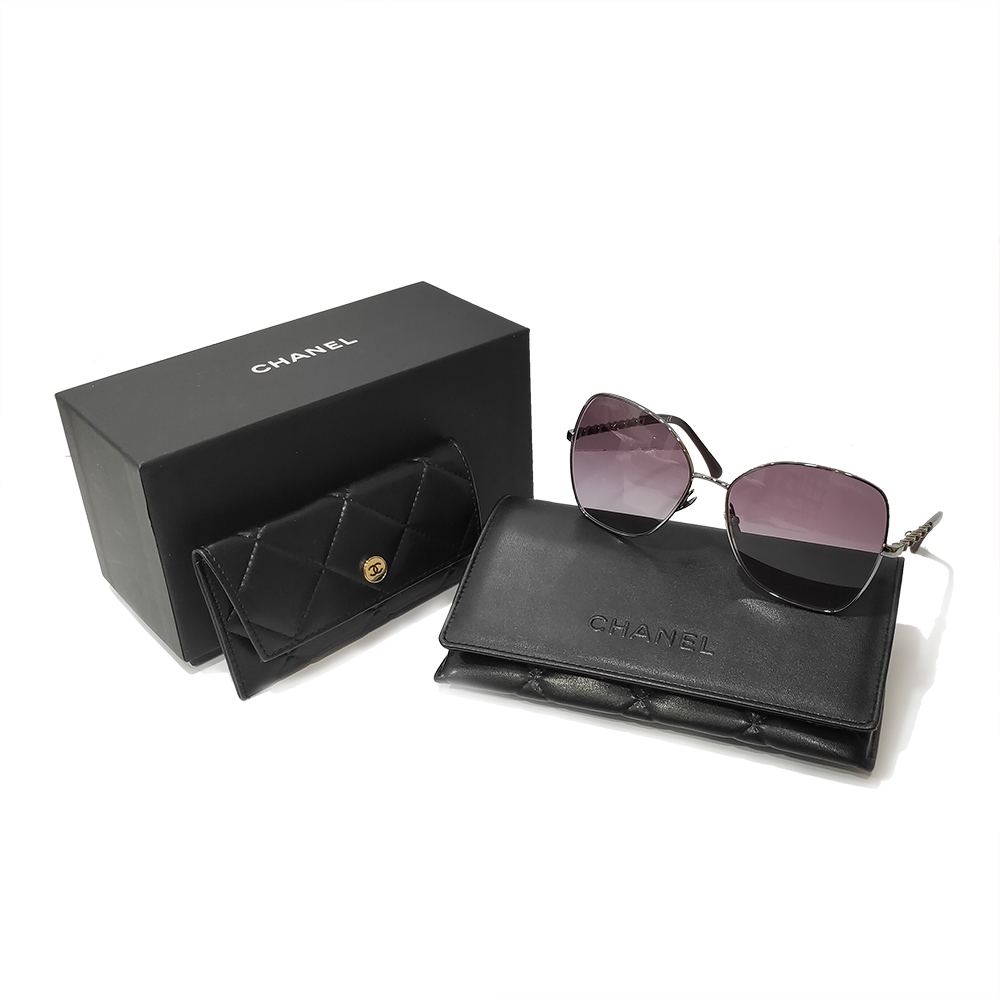 CHANEL香奈兒】A71447經典編織皮穿鍊銀框太陽眼鏡(酒紅色